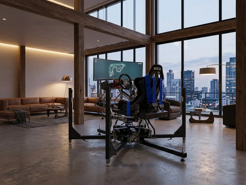 Il simulatore dinamico PROJECT51M in una lounge moderna con vista sulla città (immagine dimostrativa)